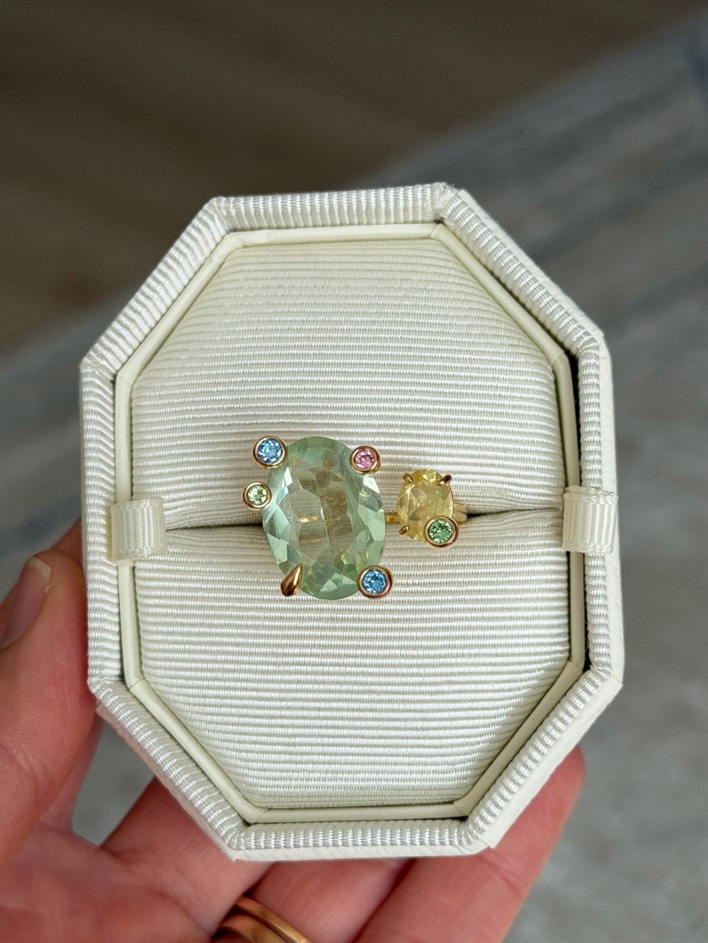 Swarovski Gold Ring with Light Green Center and Pastel Accent Stones